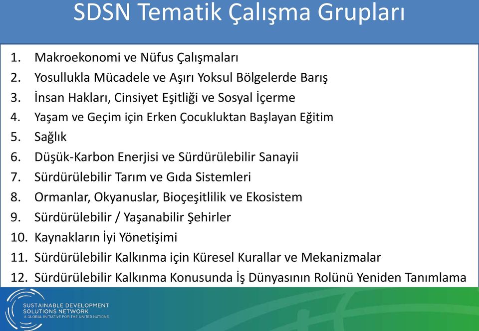 Düs ük-karbon Enerjisi ve Sürdürülebilir Sanayii 7. Sürdürülebilir Tarım ve Gıda Sistemleri 8. Ormanlar, Okyanuslar, Bioçes itlilik ve Ekosistem 9.