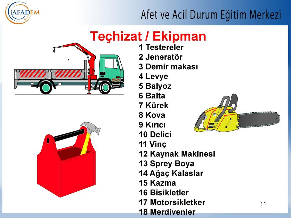 11 Vinç 12 Kaynak Makinesi 13 Sprey Boya 14 Ağaç Kalaslar