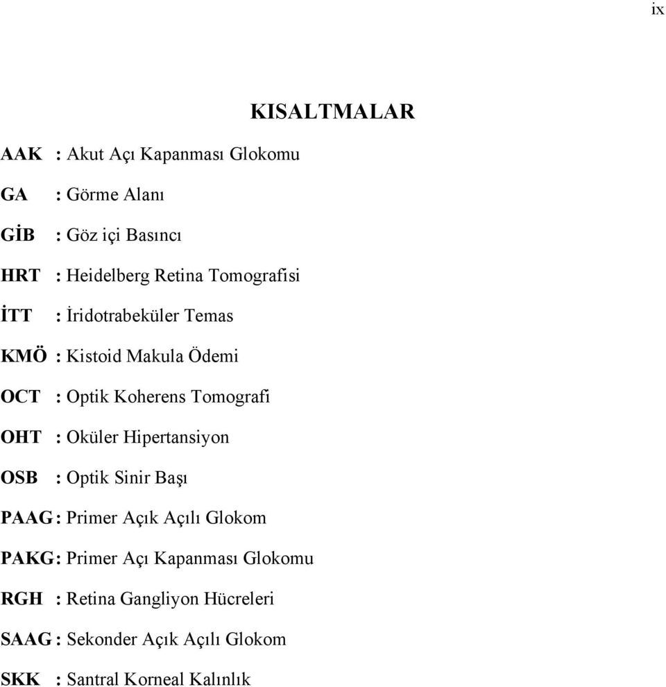 OHT : Oküler Hipertansiyon OSB : Optik Sinir Başı PAAG : Primer Açık Açılı Glokom PAKG : Primer Açı