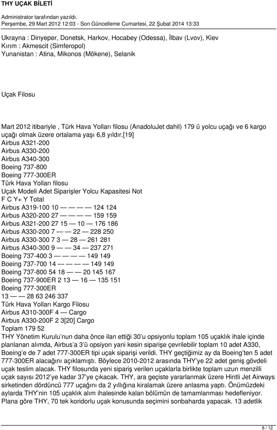 [19] Airbus A321-200 Airbus A330-200 Airbus A340-300 Boeing 737-800 Boeing 777-300ER Türk Hava Yolları filosu Uçak Modeli Adet Siparişler Yolcu Kapasitesi Not F C Y+ Y Total Airbus A319-100 10 124