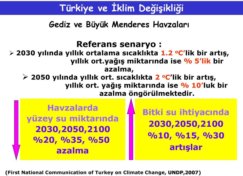 sıcaklıkta 2 o C lik bir artış, yıllık ort. yağış miktarında ise % 10 luk bir azalma öngörülmektedir.