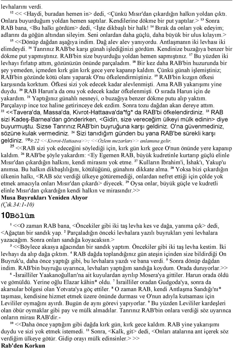 > 5 <<Dönüp dağdan aşağıya indim. Dağ alev alev yanıyordu. Antlaşmanın iki levhası iki elimdeydi. 6 Tanrınız RAB'be karşı günah işlediğinizi gördüm.