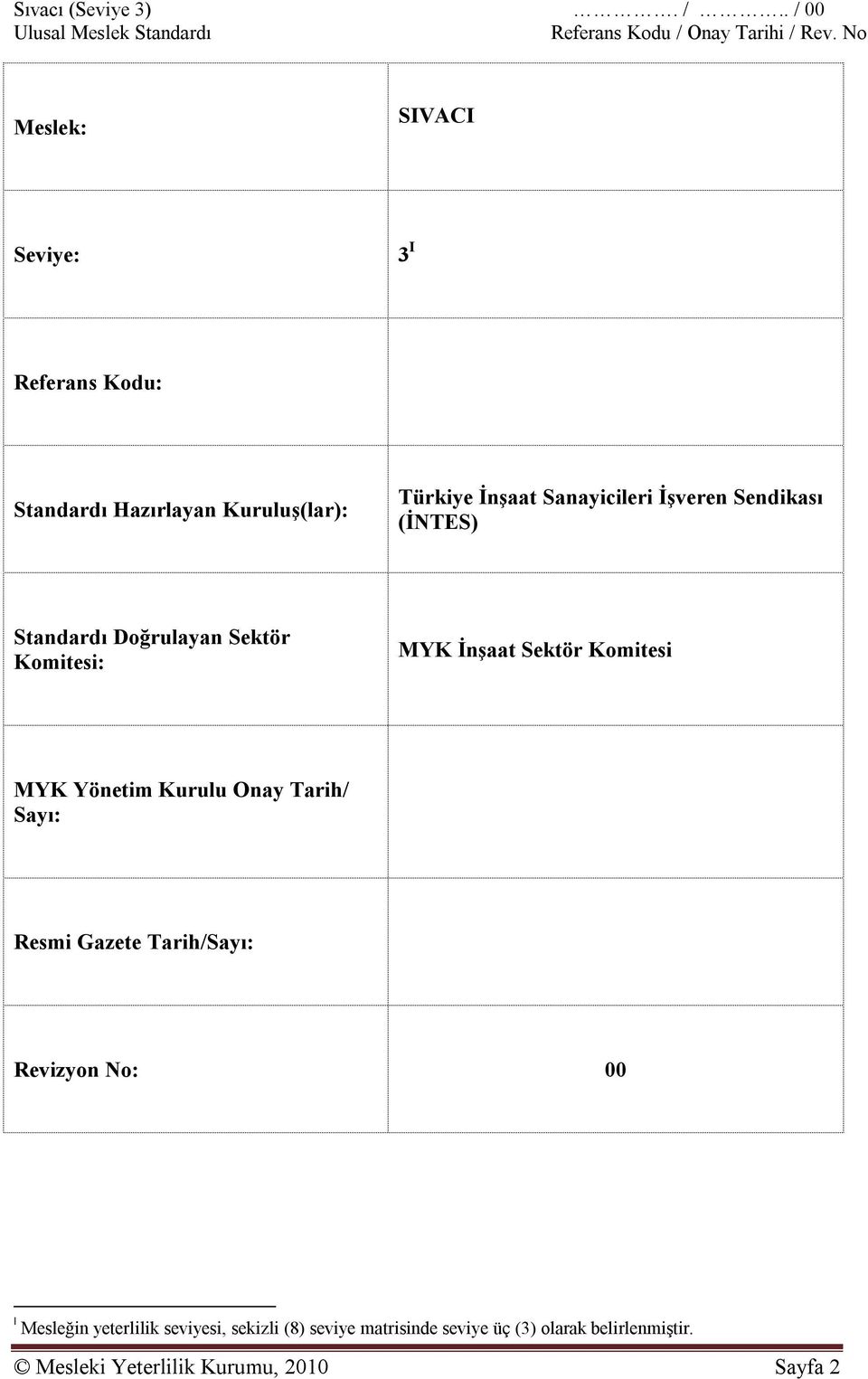 Sendikası (İNTES) Standardı Doğrulayan Sektör Komitesi: MYK İnşaat Sektör Komitesi MYK Yönetim Kurulu Onay