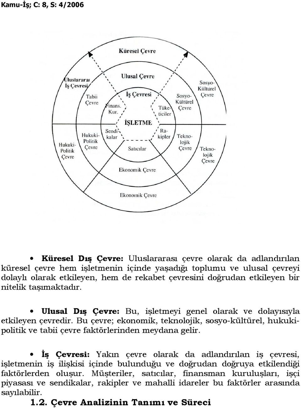 Bu çevre; ekonomik, teknolojik, sosyo-kültürel, hukukipolitik ve tabii çevre faktörlerinden meydana gelir.