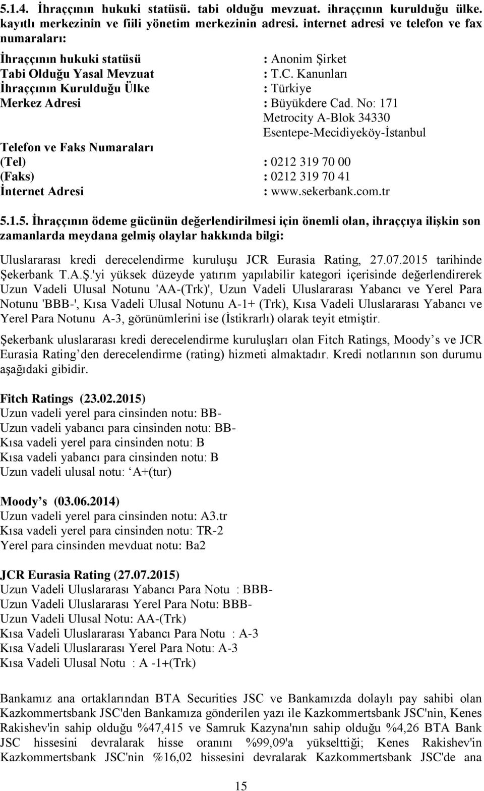 No: 171 Metrocity A-Blok 34330 Esentepe-Mecidiyeköy-İstanbul Telefon ve Faks Numaraları (Tel) : 0212 319 70 00 (Faks) : 0212 319 70 41 İnternet Adresi : www.sekerbank.com.tr 5.