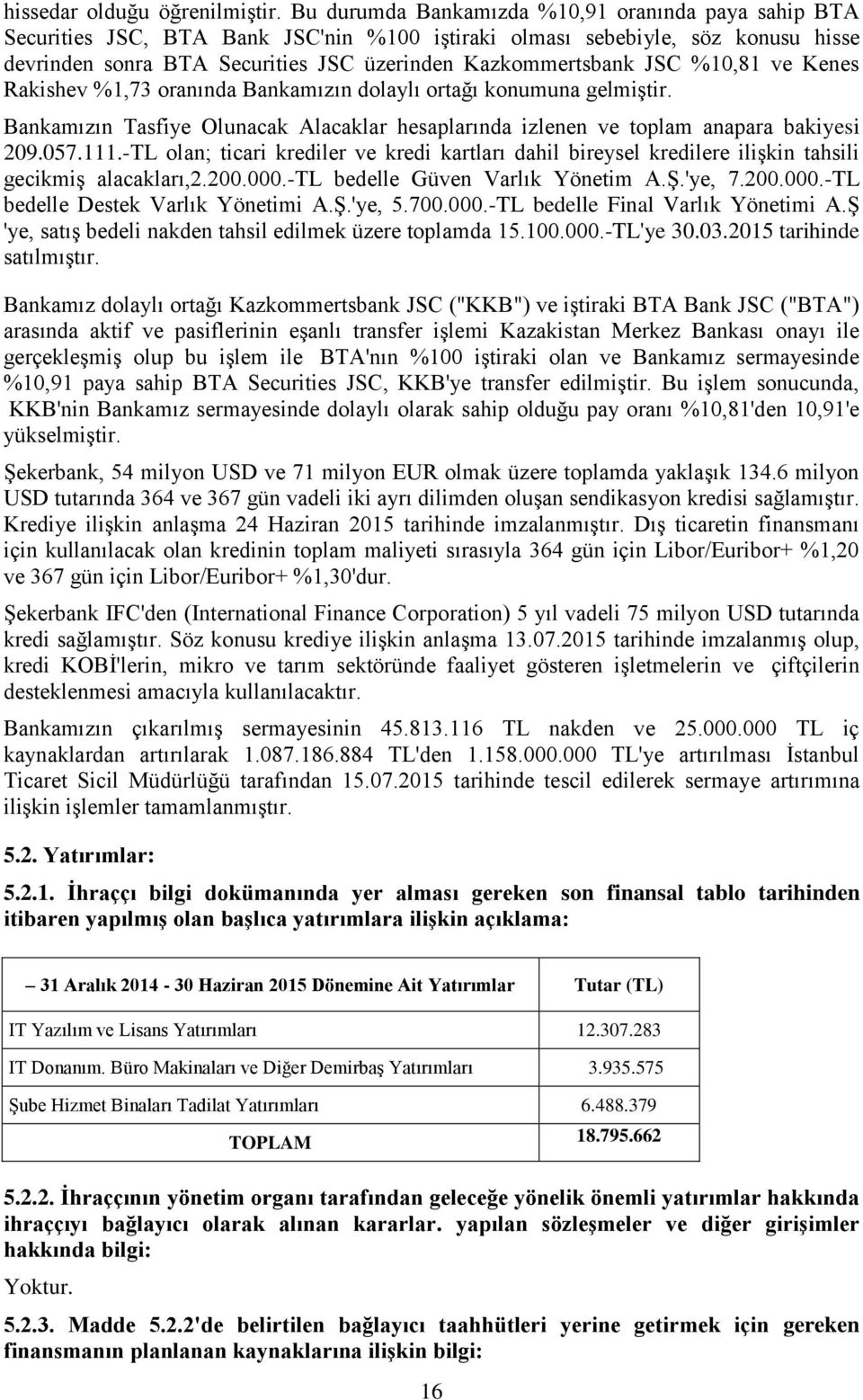 %10,81 ve Kenes Rakishev %1,73 oranında Bankamızın dolaylı ortağı konumuna gelmiştir. Bankamızın Tasfiye Olunacak Alacaklar hesaplarında izlenen ve toplam anapara bakiyesi 209.057.111.