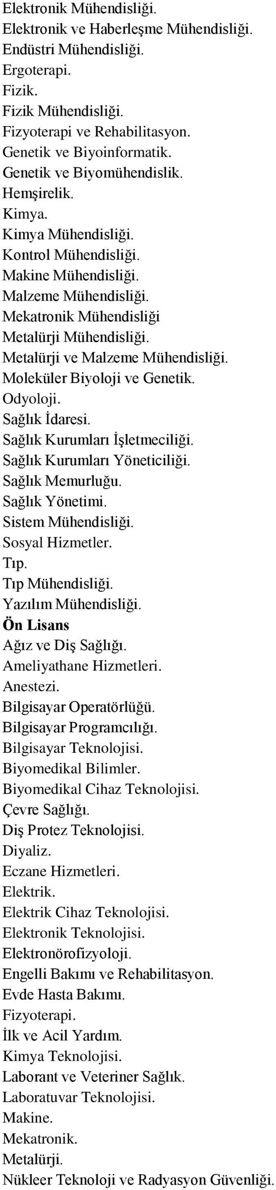 Metalürji ve Malzeme Mühendisliği. Moleküler Biyoloji ve Genetik. Odyoloji. Sağlık İdaresi. Sağlık Kurumları İşletmeciliği. Sağlık Kurumları Yöneticiliği. Sağlık Memurluğu. Sağlık Yönetimi.