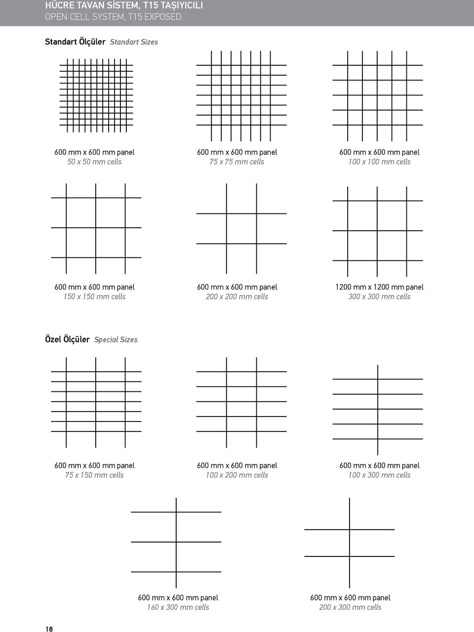 200 mm cells 1200 mm x 1200 mm panel 300 x 300 mm cells Özel Ölçüler Special Sizes 600 mm x 600 mm panel 75 x 150 mm cells 600 mm x 600 mm