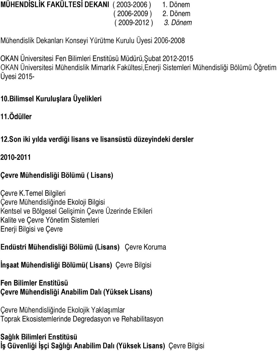 Mühendisliği Bölümü Öğretim Üyesi 2015-10.Bilimsel Kuruluşlara Üyelikleri 11.Ödüller 12.