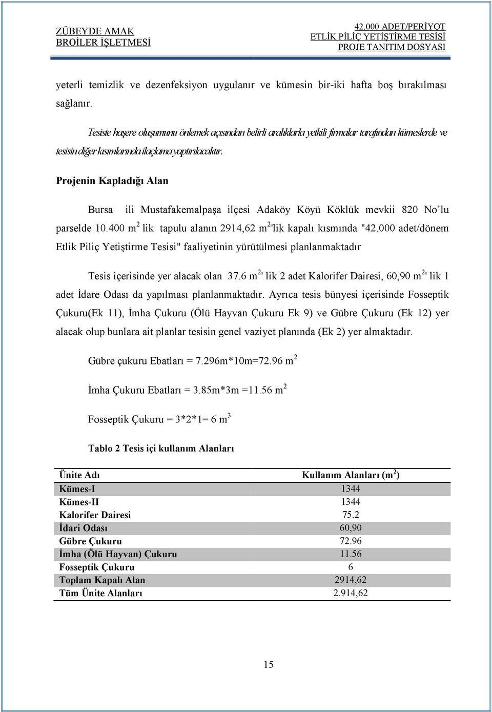 Projenin Kapladığı Alan Bursa ili Mustafakemalpaşa ilçesi Adaköy Köyü Köklük mevkii 820 No lu parselde 10.400 m 2 lik tapulu alanın 2914,62 m 2 'lik kapalı kısmında "42.