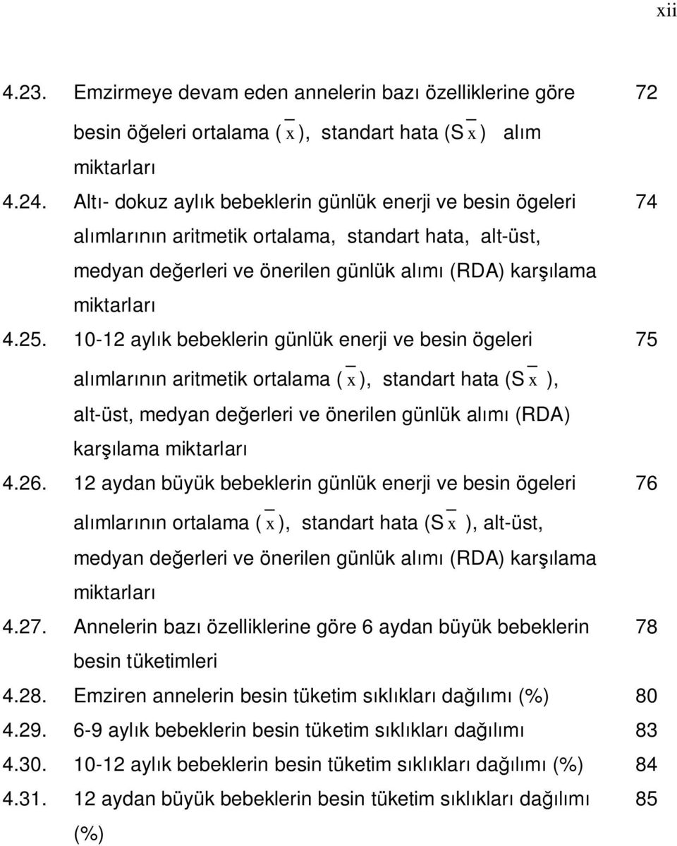 10-12 ayl k bebeklerin günlük enerji ve besin ögeleri al mlar n aritmetik ortalama ( x ), standart hata (S x ), alt-üst, medyan de erleri ve önerilen günlük al (RDA) kar lama miktarlar 4.26.