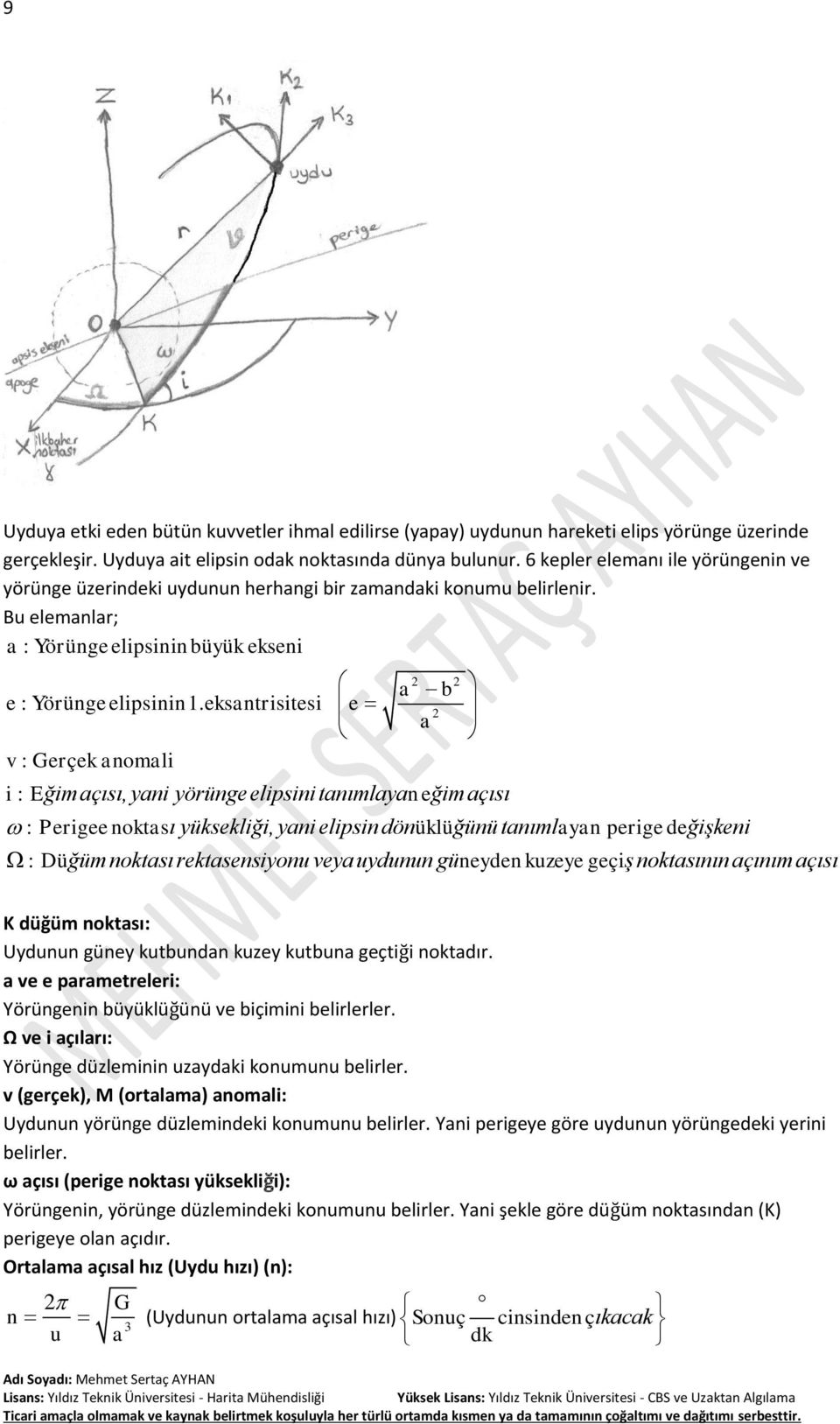 eksantrisitesi v : Gerçek anomali e a b a i : Eğim açısı, yani yörünge elipsini tanımlayaneğim açısı : Perigee noktası yüksekliği, yani elipsin dönüklüğünü tanımlayan perige değişkeni : Düğüm