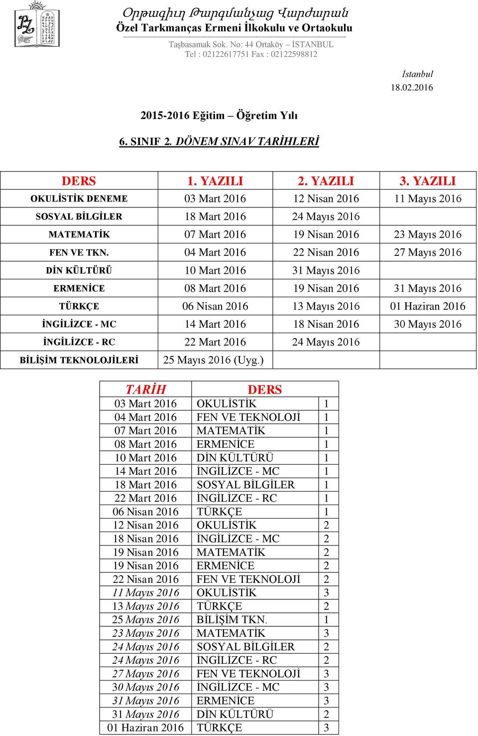 Mart 2016 18 Nisan 2016 30 Mayıs 2016 İNGİLİZCE - RC 22 Mart 2016 24 Mayıs 2016 BİLİŞİM TEKNOLOJİLERİ 25 Mayıs 2016 (Uyg.