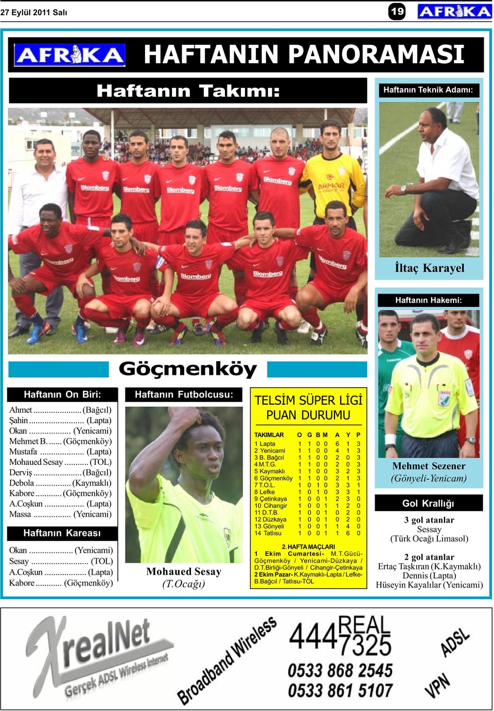 .. (Yenicami) Sesay... (TOL) A.Coþkun... (Lapta) Kabore... (Göçmenköy) Haftanýn Futbolcusu: Mohaued Sesay (T.