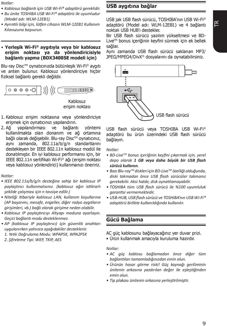 Yerleşik Wi-Fi aygıtıyla veya bir kablosuz erişim noktası ya da yönlendiricisiyle bağlantı yapma (BDX3400SE modeli için) Blu-ray Disc oynatıcınızda bütünleşik Wi-Fi aygıtı ve anten bulunur.