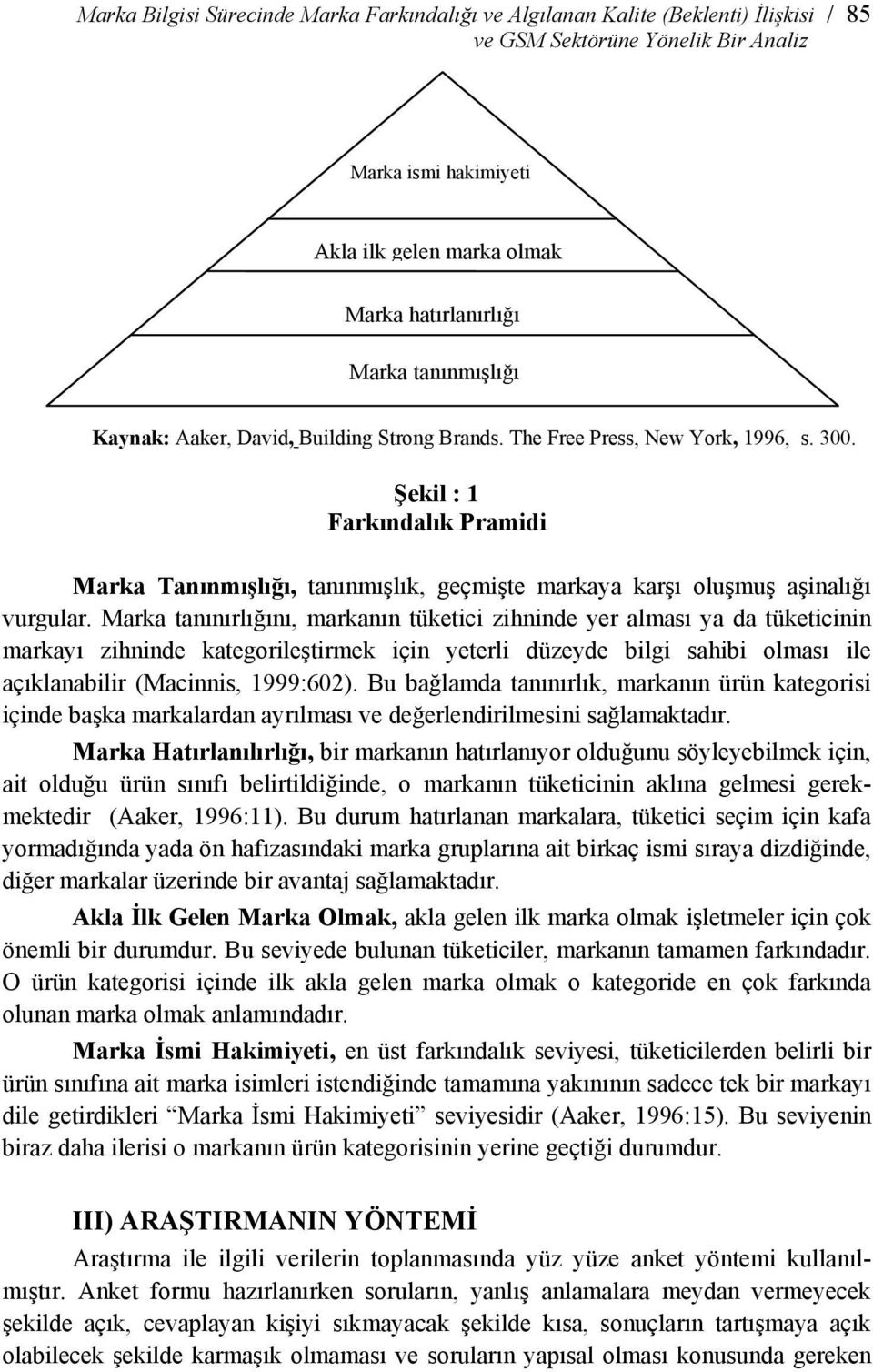 Şekil : 1 Farkındalık Pramidi Marka Tanınmışlığı, tanınmışlık, geçmişte markaya karşı oluşmuş aşinalığı vurgular.