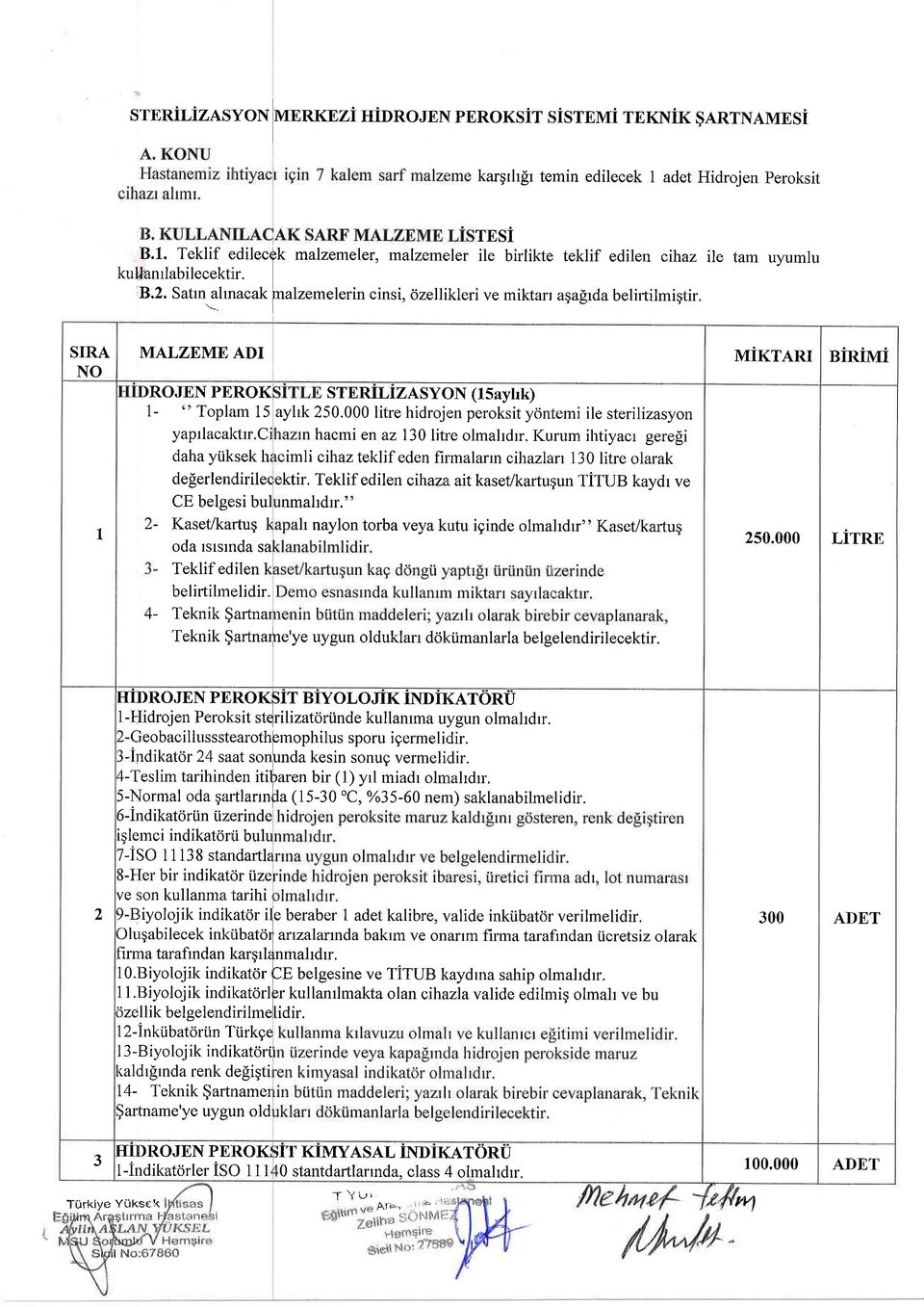 SIRA NO 1 MALZEMI] ADI MiKTARI sirirui )ROJEN PEROK STERILIZASYON (l5ayhk) 1- " Toplam 15 ayhk 250.000 litre hidrojen peroksit yontemi ile sterilizasyon yaptlacal<trr.