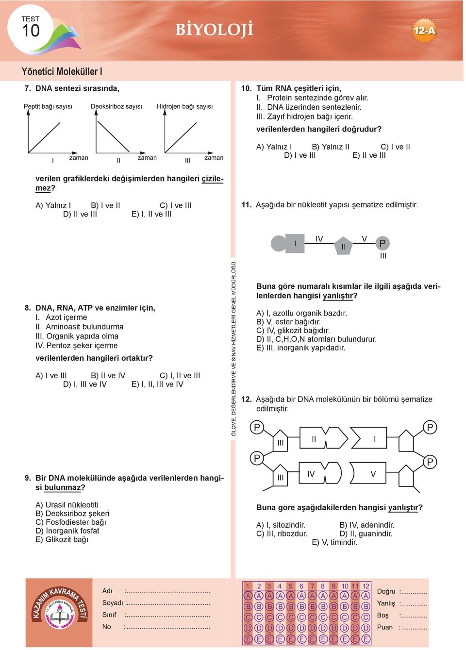 Aşağıda bir nükleotit yapısı şematize edilmiştir. I IV II V P III 8. DNA, RNA, ATP ve enzimler için, I. Azot içerme II. Aminoasit bulundurma III. Organik yapıda olma IV.