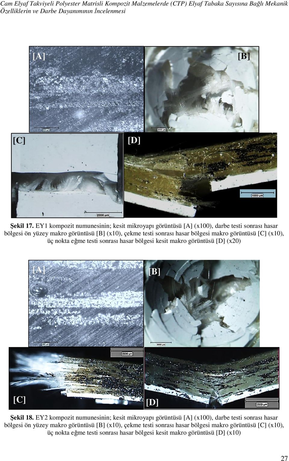 [C] (x10), üç nokta eğme testi sonrası hasar bölgesi kesit makro görüntüsü [D] (x20) [A] [C] [B] [D] Şekil 18.