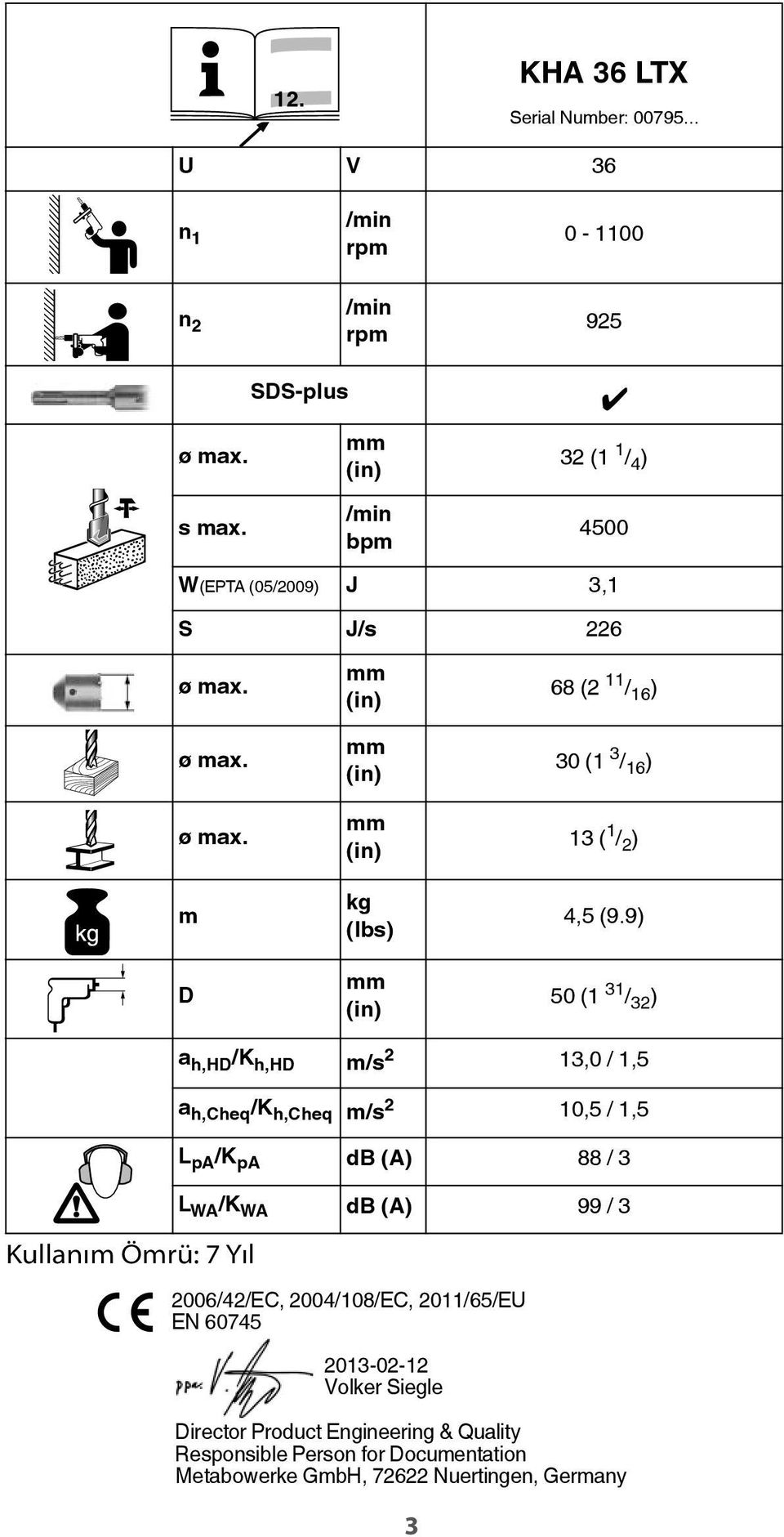 ø max. ø max. m D mm (in) mm (in) mm (in) kg (lbs) mm (in) 68 (2 11 / 16 ) 30 (1 3 / 16 ) 13 ( 1 / 2 ) 4,5 (9.