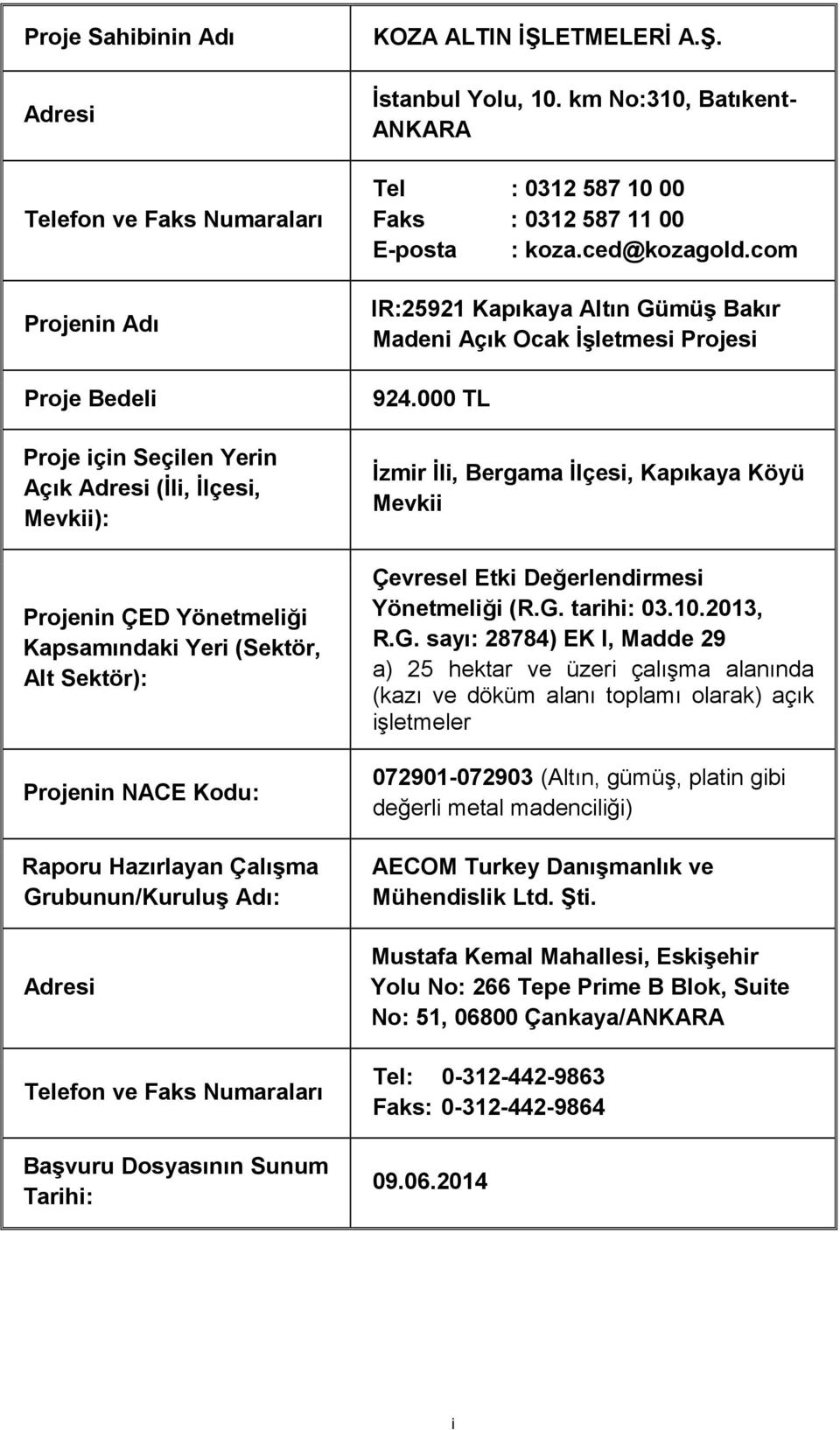 km No:310, Batıkent- ANKARA Tel : 0312 587 10 00 Faks : 0312 587 11 00 E-posta : koza.ced@kozagold.com IR:25921 Kapıkaya Altın Gümüş Bakır Madeni 924.