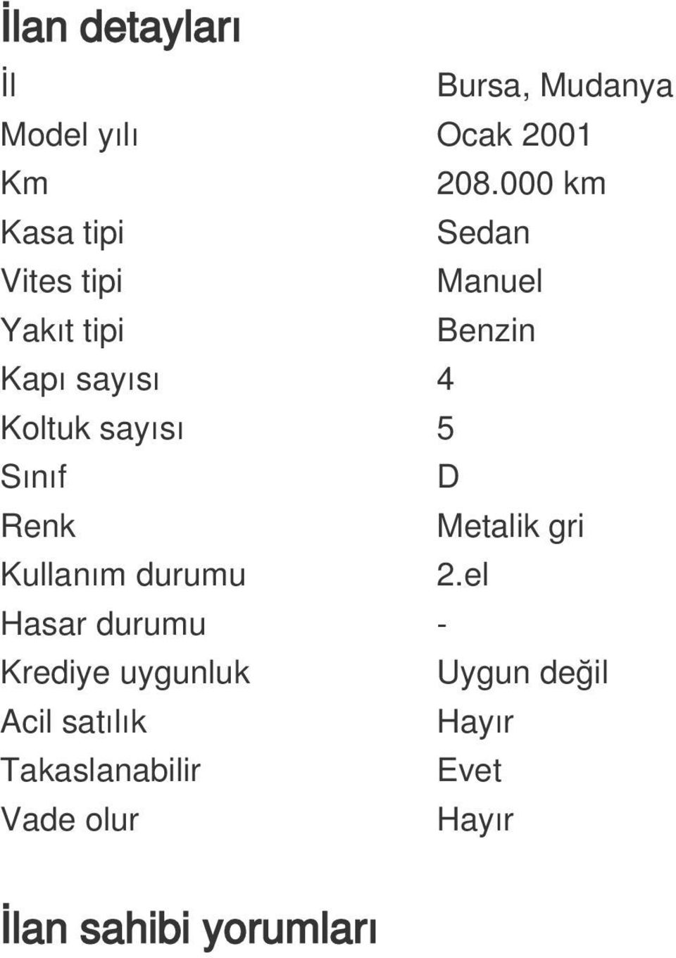 Koltuk sayısı 5 Sınıf D Renk Metalik gri Kullanım durumu 2.