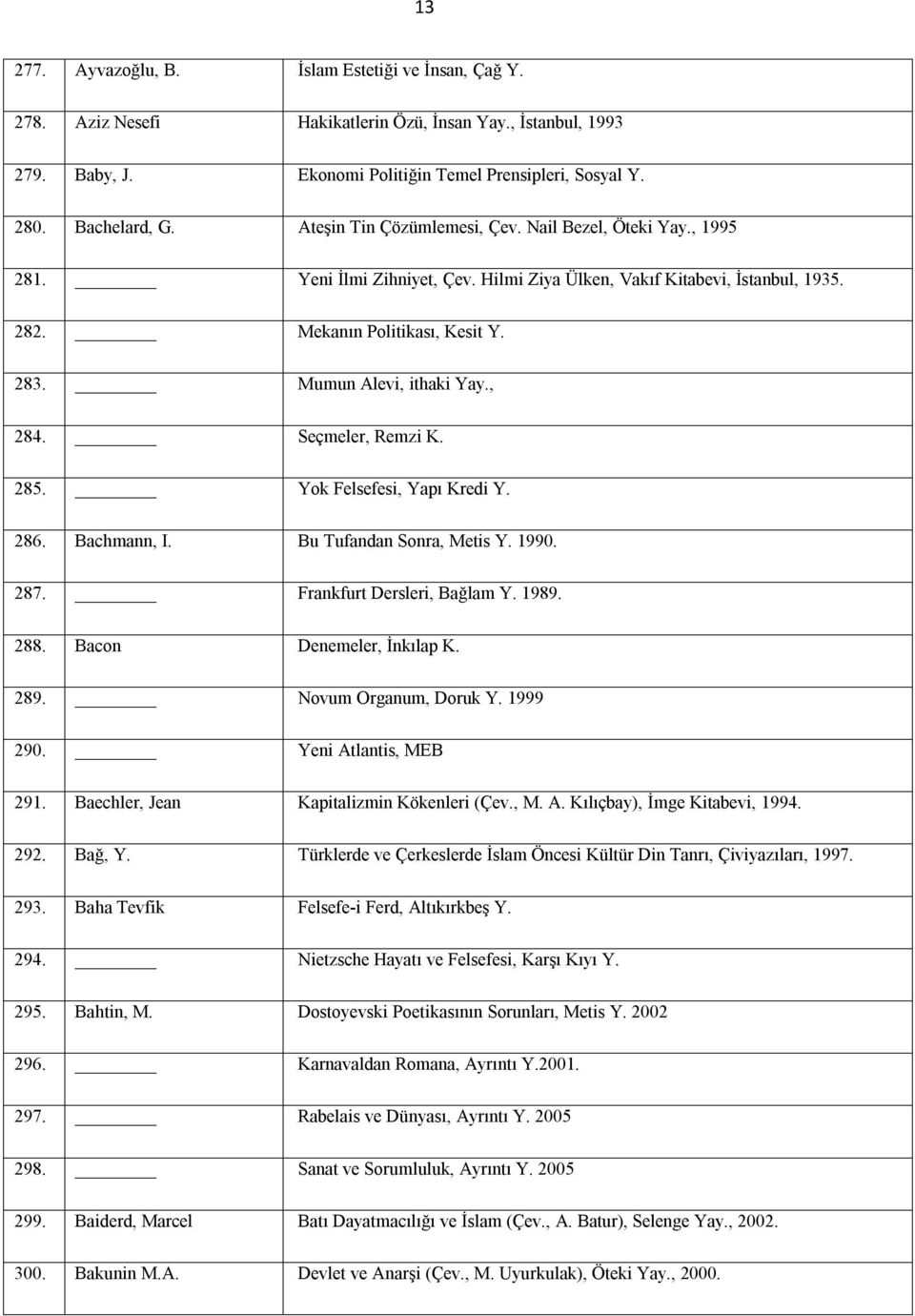 Mumun Alevi, ithaki Yay., 284. Seçmeler, Remzi K. 285. Yok Felsefesi, Yapı Kredi Y. 286. Bachmann, I. Bu Tufandan Sonra, Metis Y. 1990. 287. Frankfurt Dersleri, Bağlam Y. 1989. 288.