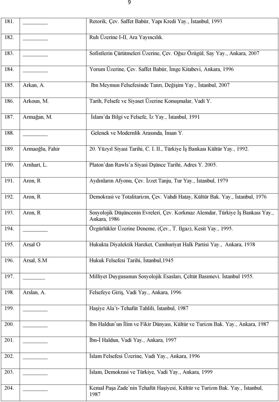 Tarih, Felsefe ve Siyaset Üzerine Konuşmalar, Vadi Y. 187. Armağan, M. İslam da Bilgi ve Felsefe, İz Yay., İstanbul, 1991 188. Gelenek ve Modernlik Arasında, İnsan Y. 189. Armaoğlu, Fahir 20.