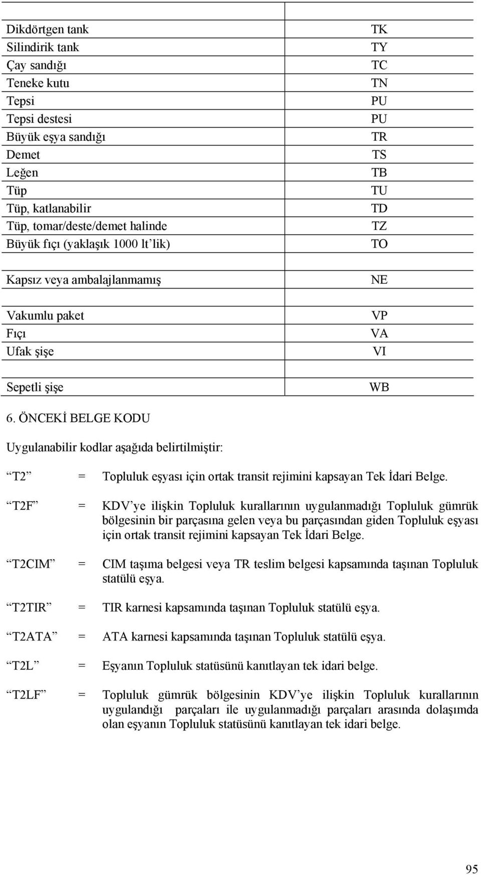 ÖNCEKİ BELGE KODU Uygulanabilir kodlar aşağıda belirtilmiştir: T2 = Topluluk eşyası için ortak transit rejimini kapsayan Tek İdari Belge.