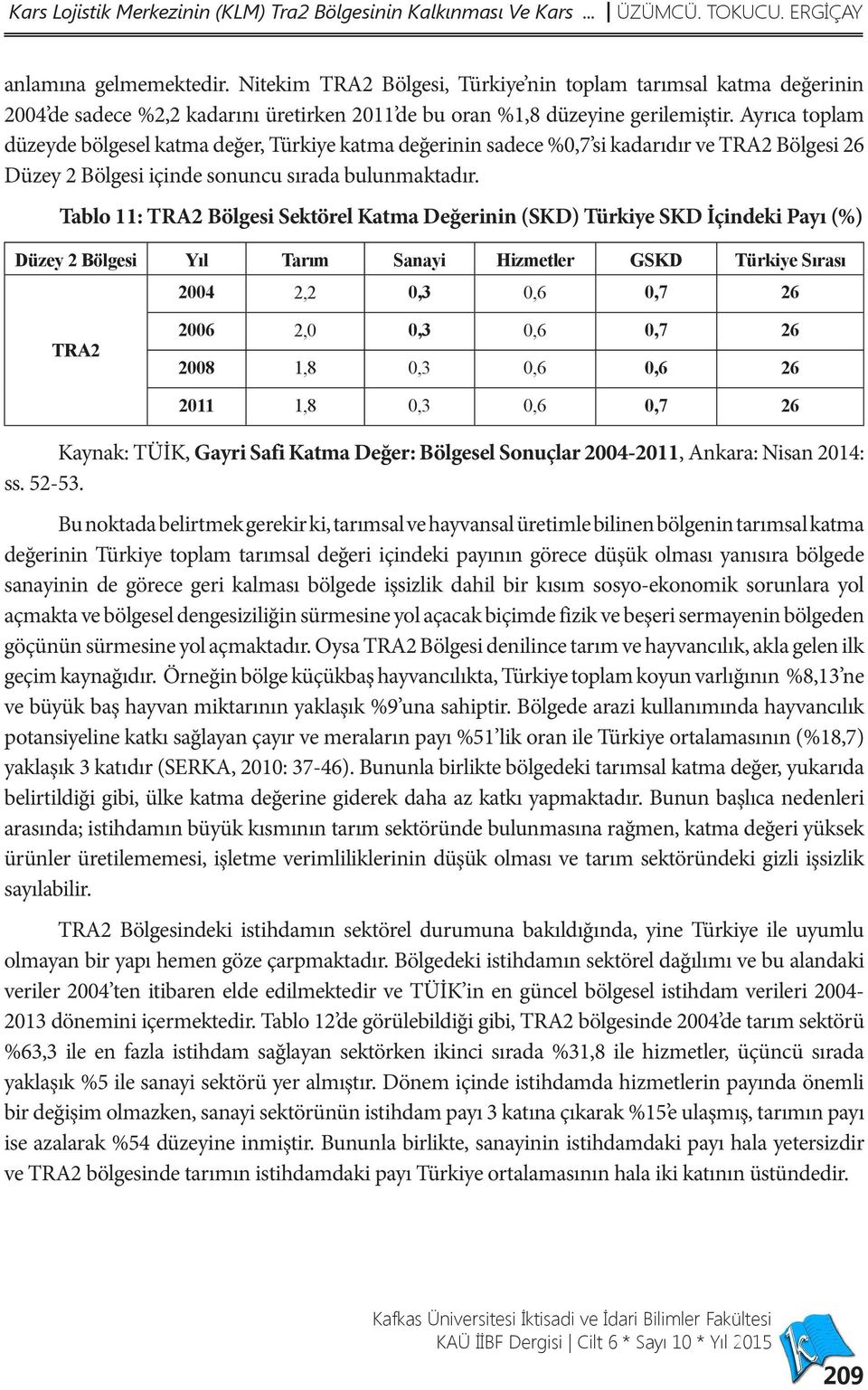 Ayrıca toplam düzeyde bölgesel katma değer, Türkiye katma değerinin sadece %0,7 si kadarıdır ve TRA2 Bölgesi 26 Düzey 2 Bölgesi içinde sonuncu sırada bulunmaktadır.