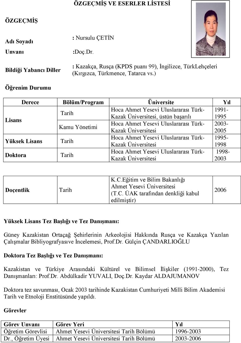 Hoca Ahmet Yesevi Uluslararası Türk- 1995-1998 Doktora Hoca Ahmet Yesevi Uluslararası Türk- 1998-2003 Doçentlik K.C.