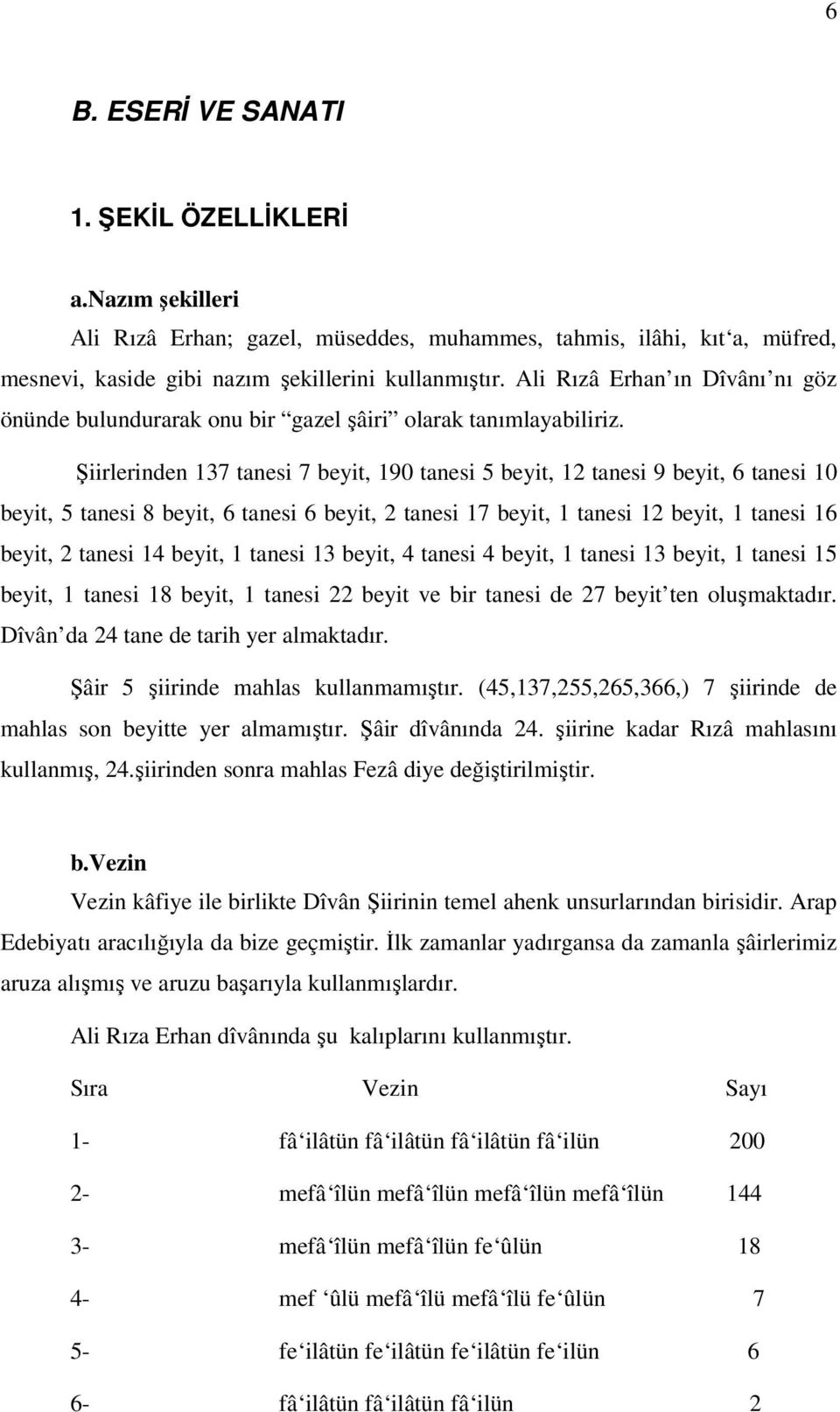 Şiirlerinden 137 tanesi 7 beyit, 190 tanesi 5 beyit, 12 tanesi 9 beyit, 6 tanesi 10 beyit, 5 tanesi 8 beyit, 6 tanesi 6 beyit, 2 tanesi 17 beyit, 1 tanesi 12 beyit, 1 tanesi 16 beyit, 2 tanesi 14