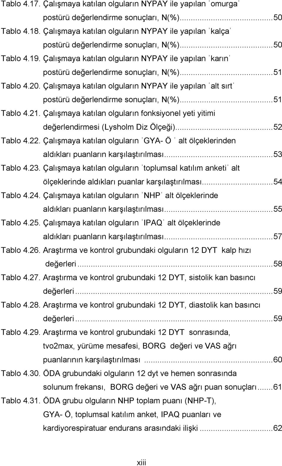 Çalışmaya katılan olguların NYPAY ile yapılan ˈkarınˈ postürü değerlendirme sonuçları, N(%)... 51 Tablo 4.20.