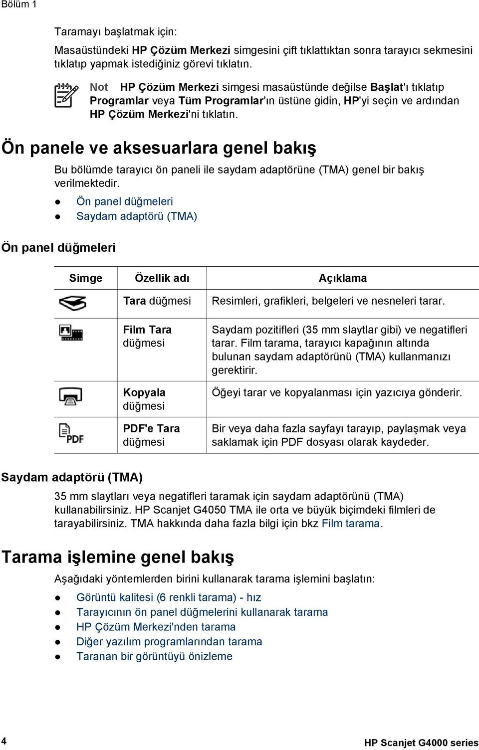 Ön panele ve aksesuarlara genel bakış Bu bölümde tarayıcı ön paneli ile saydam adaptörüne (TMA) genel bir bakış verilmektedir.