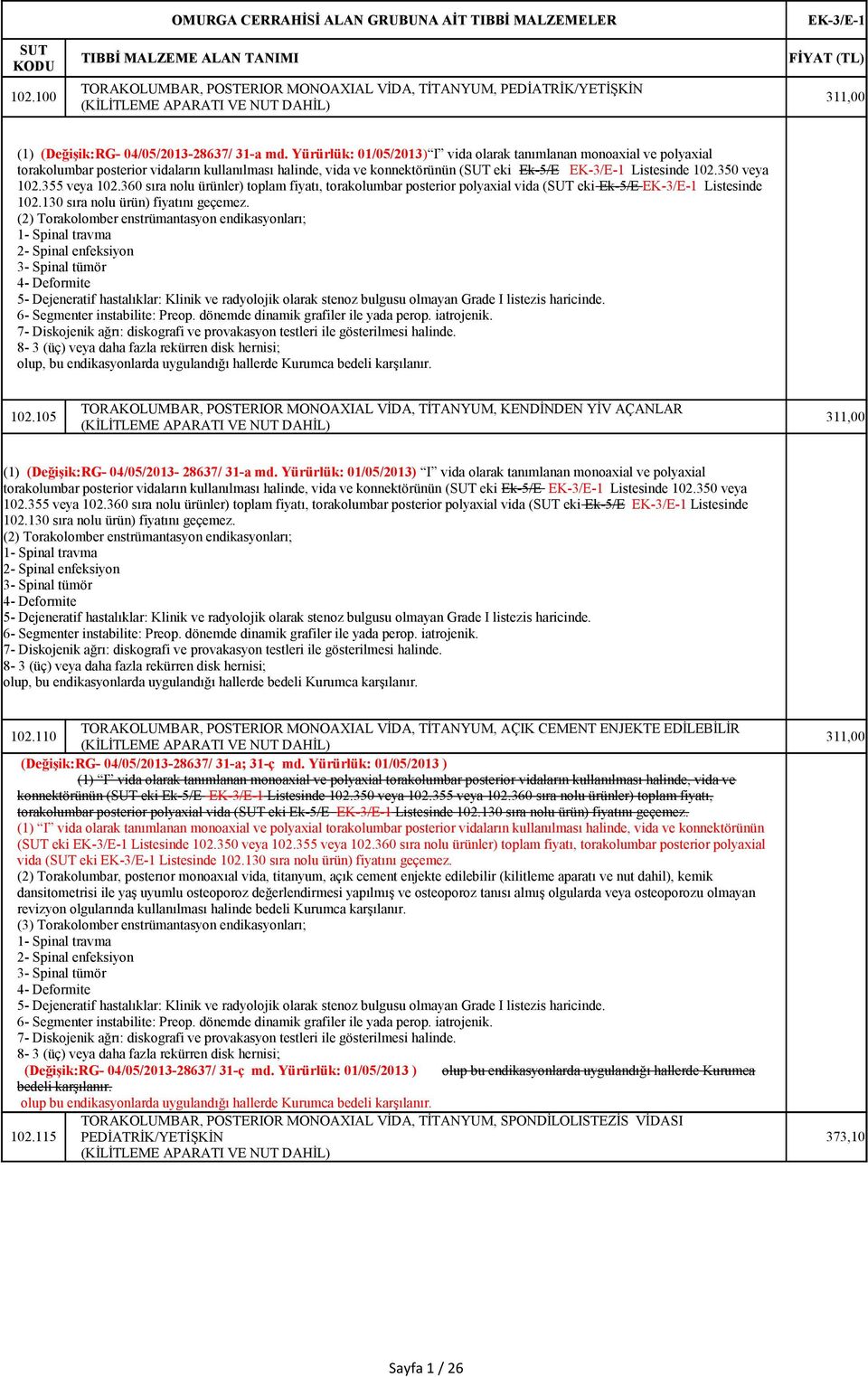 Yürürlük: 01/05/2013) I vida olarak tanımlanan monoaxial ve polyaxial torakolumbar posterior vidaların kullanılması halinde, vida ve konnektörünün ( eki Ek-5/E EK-3/E-1 Listesinde 102.350 veya 102.