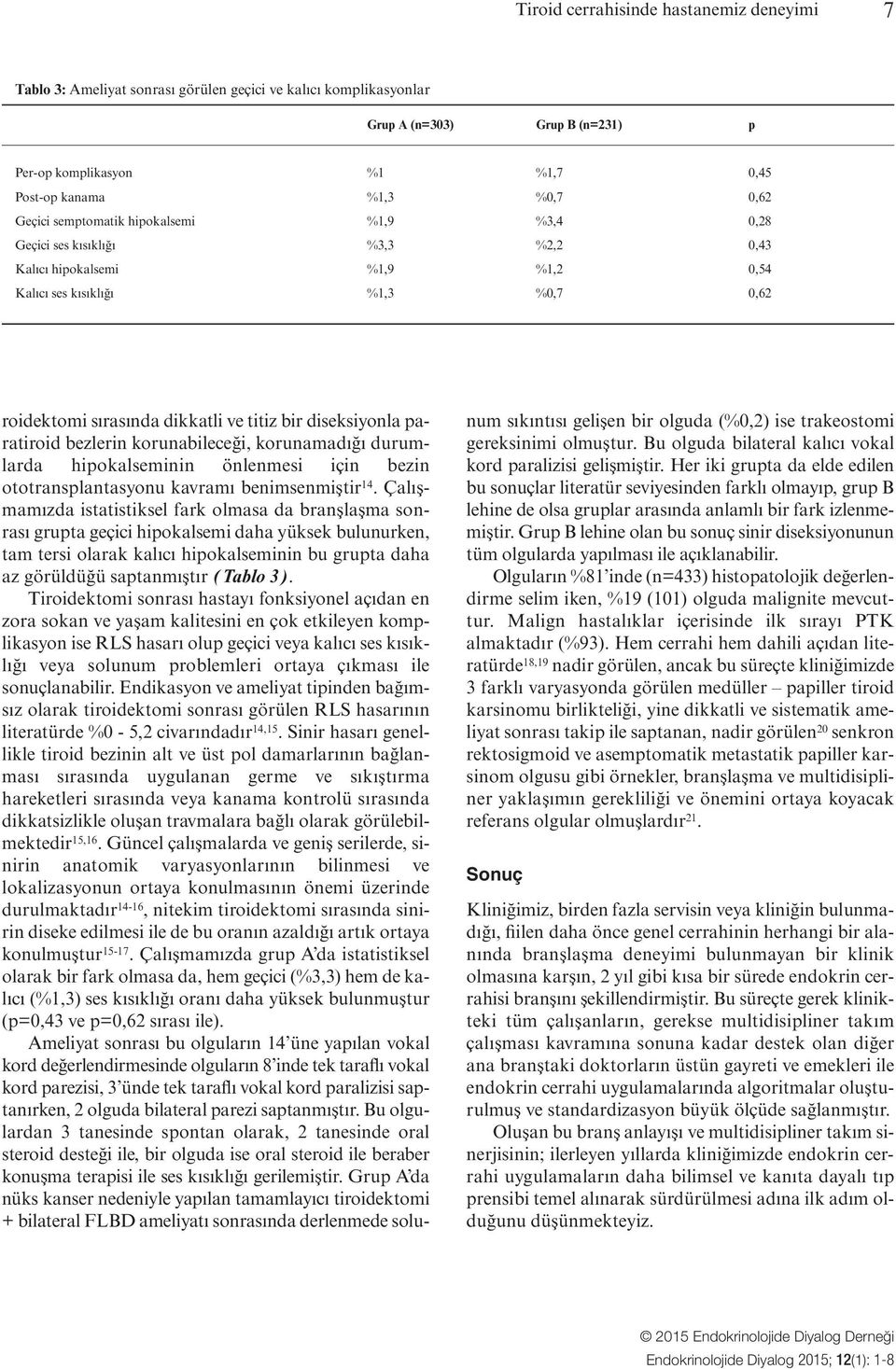 diseksiyonla paratiroid bezlerin korunabileceği, korunamadığı durumlarda hipokalseminin önlenmesi için bezin ototransplantasyonu kavramı benimsenmiştir 14.