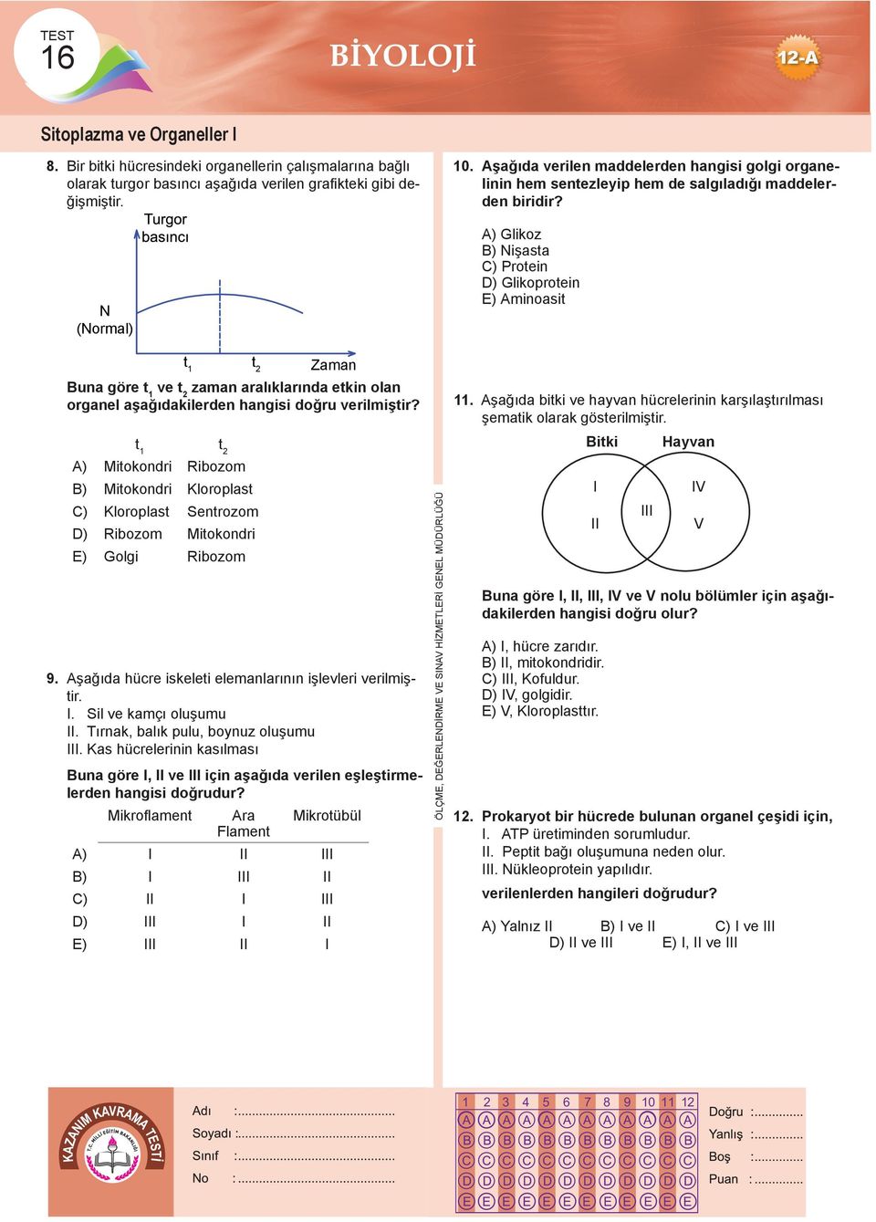 A) Glikoz B) Nişasta C) Protein D) Glikoprotein E) Aminoasit t 1 t 2 Buna göre t 1 ve t 2 zaman aralıklarında etkin olan organel aşağıdakilerden hangisi doğru verilmiştir?