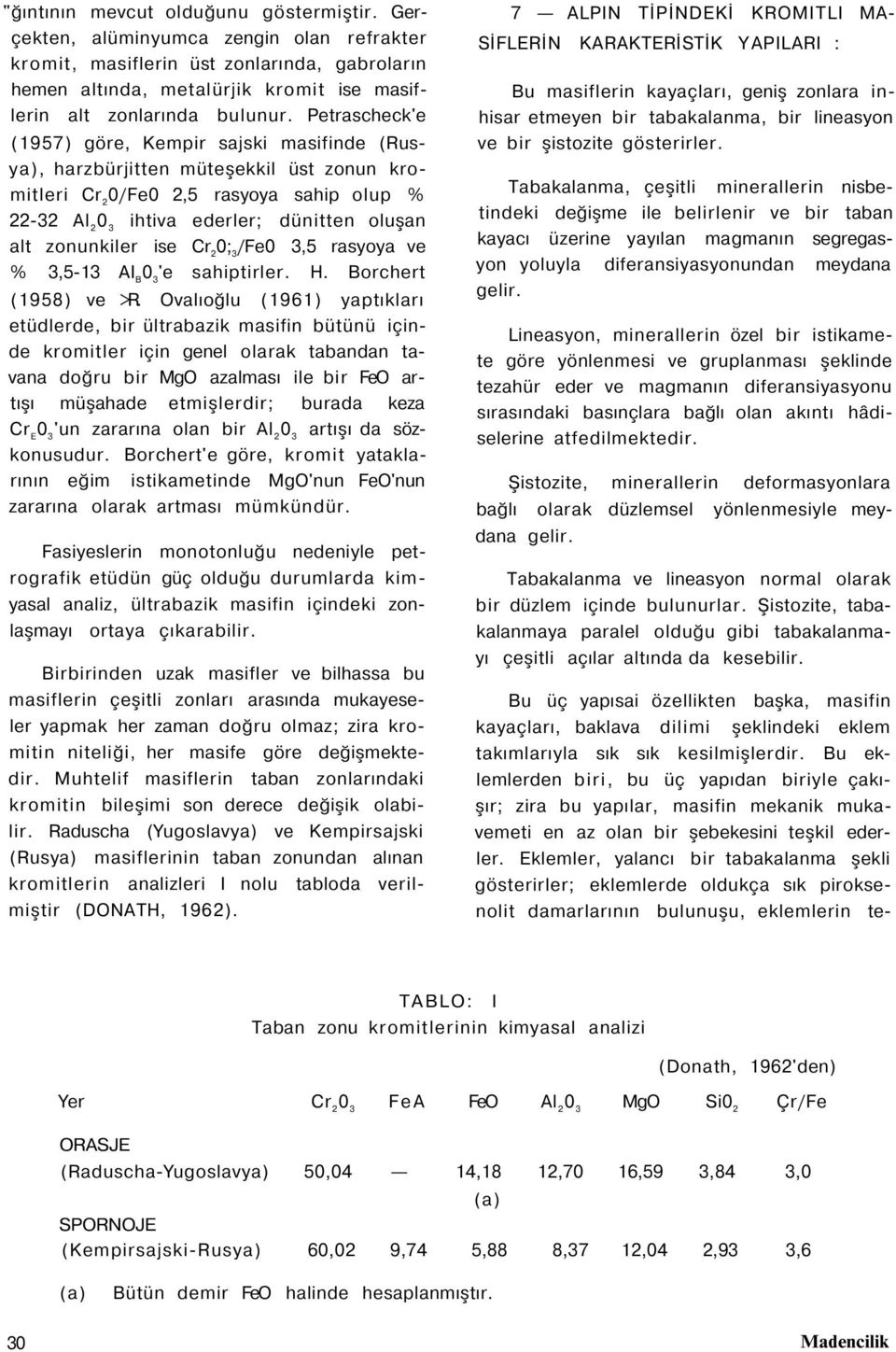 Petrascheck'e (1957) göre, Kempir sajski masifinde (Rusya), harzbürjitten müteşekkil üst zonun kromitleri Cr 2 0/Fe0 2,5 rasyoya sahip olup % 22-32 Al 2 0 3 ihtiva ederler; dünitten oluşan alt