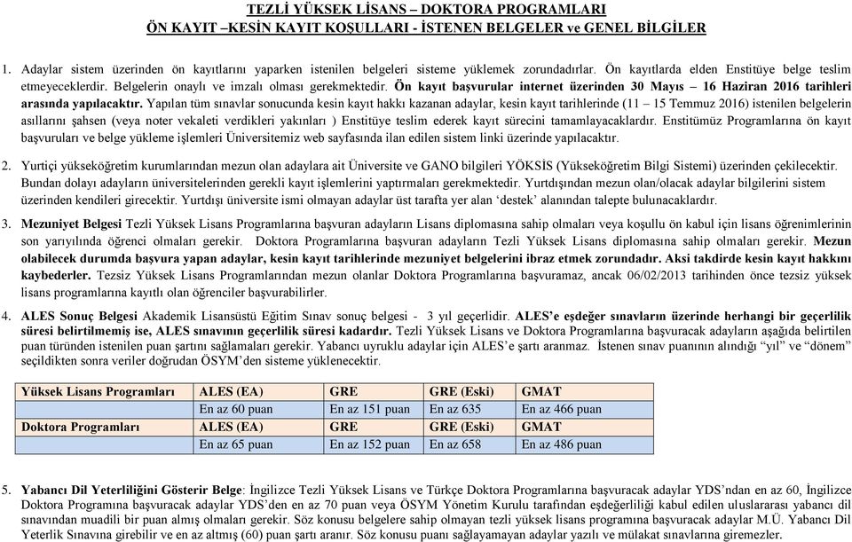 Belgelerin onaylı ve imzalı olması gerekmektedir. Ön kayıt başvurular internet üzerinden 30 Mayıs 16 Haziran 2016 tarihleri arasında yapılacaktır.