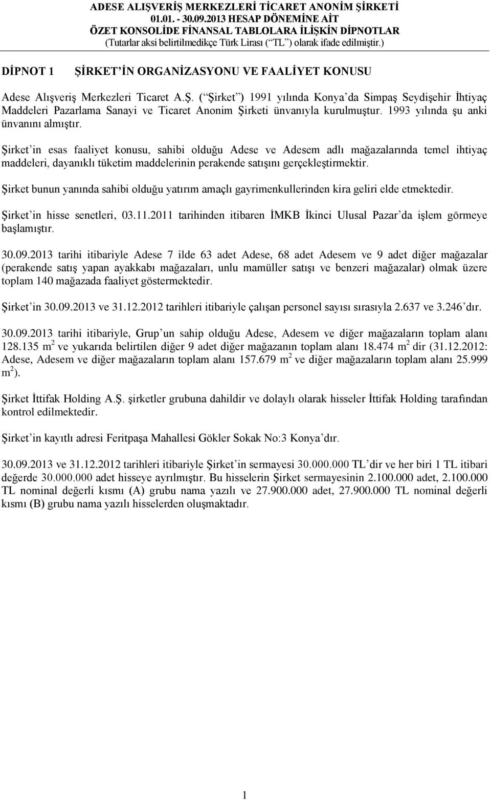 Şirket in esas faaliyet konusu, sahibi olduğu Adese ve Adesem adlı mağazalarında temel ihtiyaç maddeleri, dayanıklı tüketim maddelerinin perakende satışını gerçekleştirmektir.