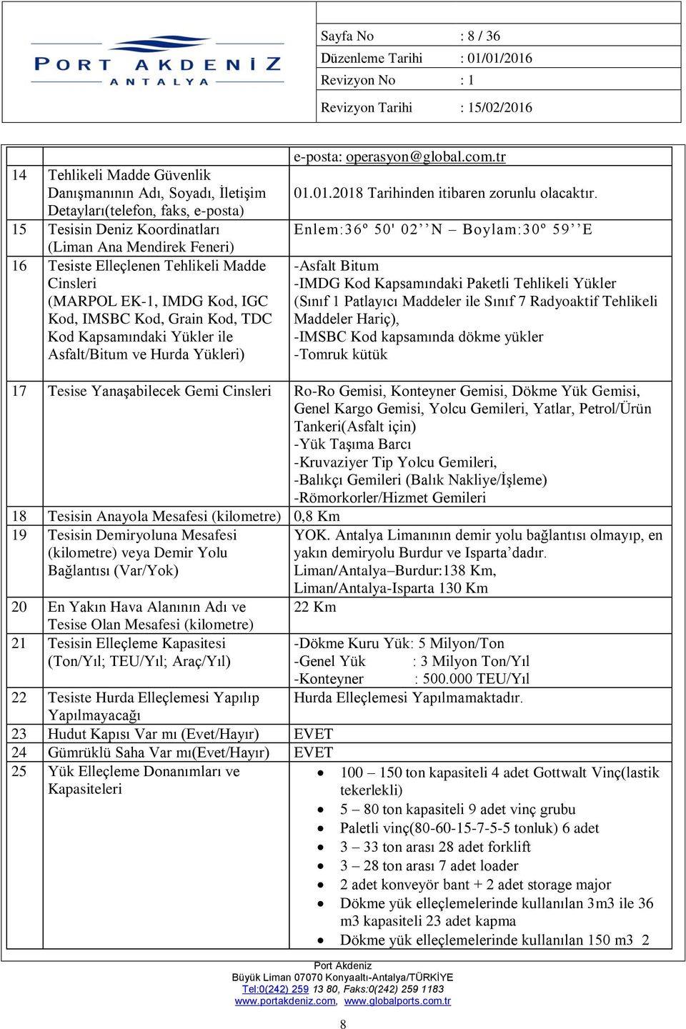Asfalt/Bitum ve Hurda Yükleri) e-posta: operasyon@global.com.tr 01.01.2018 Tarihinden itibaren zorunlu olacaktır.