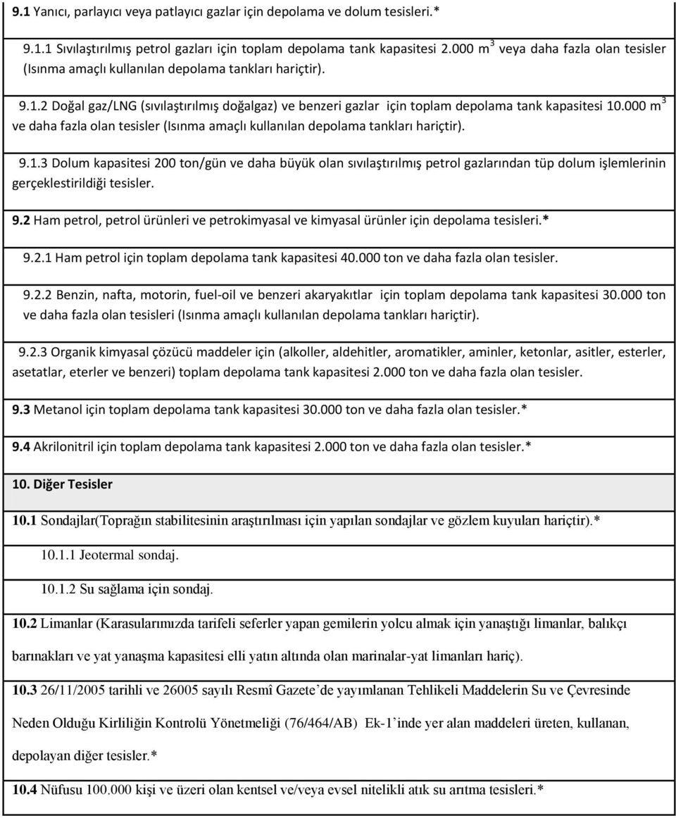 000 m 3 ve daha fazla olan tesisler (Isınma amaçlı kullanılan depolama tankları hariçtir). 9.1.