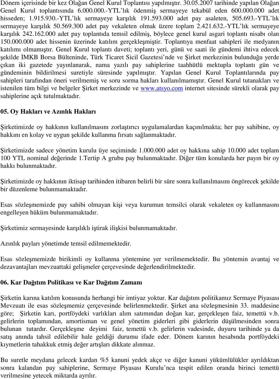 000 adet pay toplantıda temsil edilmi, böylece genel kurul asgari toplantı nisabı olan 150.000.000 adet hissenin üzerinde katılım gerçeklemitir.