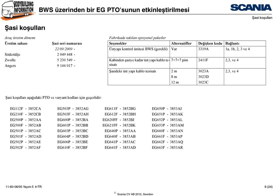 yapı kablo tesisatı 2 m 3023A 2,3, ve 4 8 m 3023D 12 m 3023C Şasi koşulları aşağıdaki PTO ve varyant kodları için geçerlidir: EG112F - 3852CA EG503P - 3852AG EG611F - 3852BG EG650P - 3853AJ EG210F -