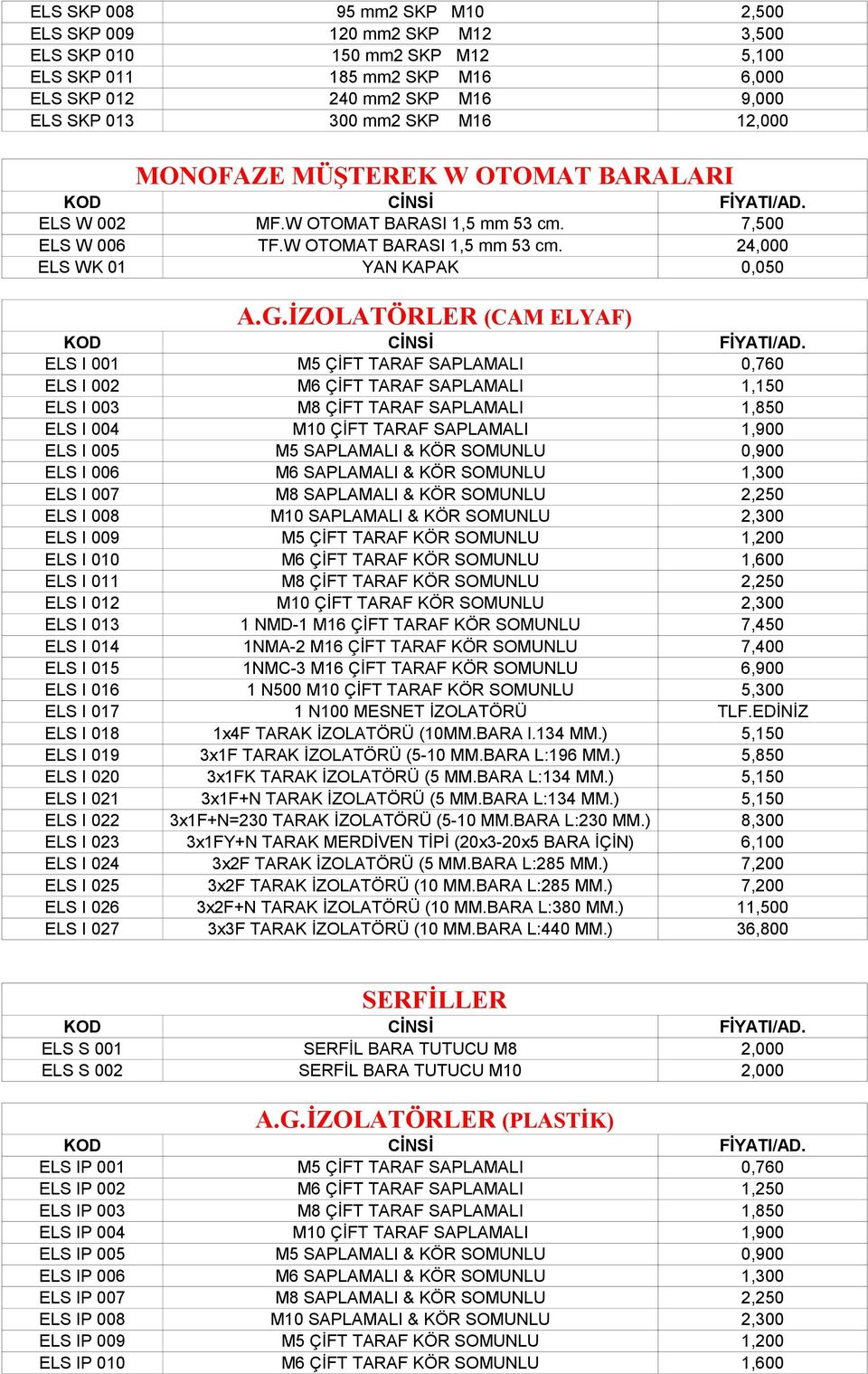 İZOLATÖRLER (CAM ELYAF) ELS I 001 M5 ÇİFT TARAF SAPLAMALI 0,760 ELS I 002 M6 ÇİFT TARAF SAPLAMALI 1,150 ELS I 003 M8 ÇİFT TARAF SAPLAMALI 1,850 ELS I 004 M10 ÇİFT TARAF SAPLAMALI 1,900 ELS I 005 M5