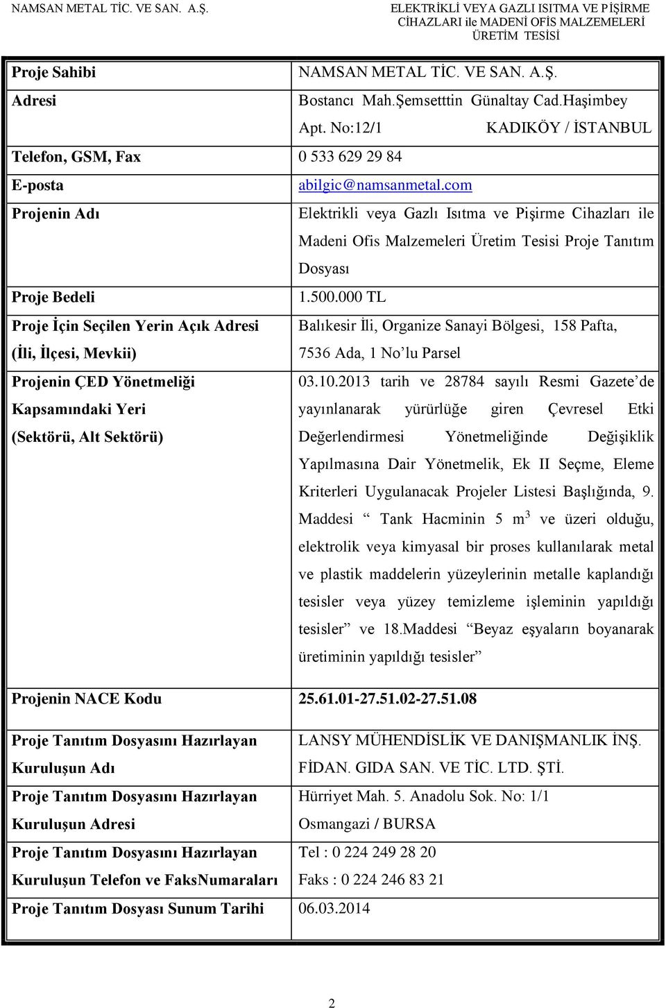 000 TL Proje İçin Seçilen Yerin Açık Adresi (İli, İlçesi, Mevkii) Balıkesir İli, Organize Sanayi Bölgesi, 158 Pafta, 7536 Ada, 1 No lu Parsel Projenin ÇED Yönetmeliği 03.10.