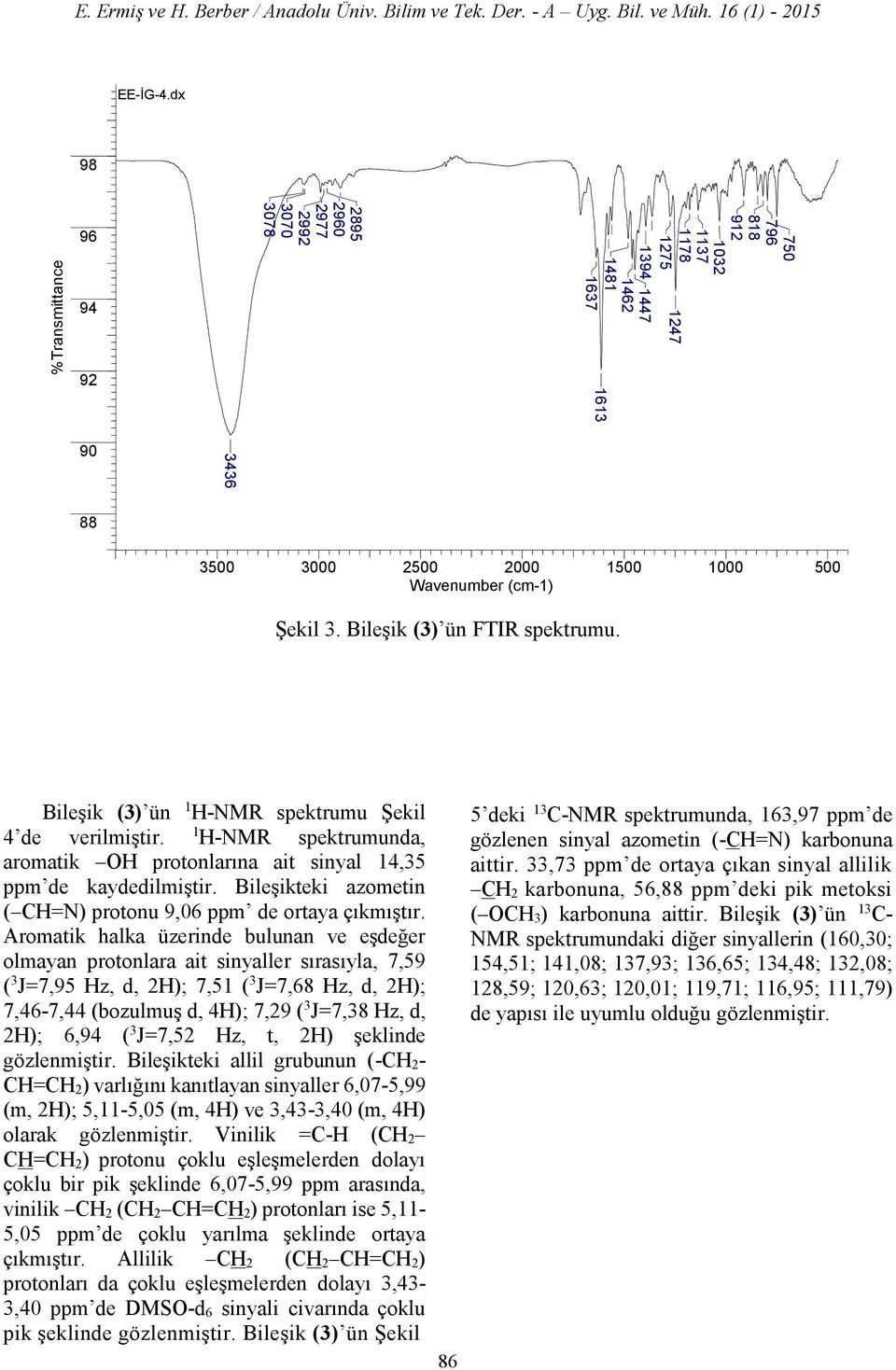 3. Bileşik (3) ün FTIR spektrumu. Bileşik (3) ün 1 H-NMR spektrumu Şekil 4 de verilmiştir. 1 H-NMR spektrumunda, aromatik H protonlarına ait sinyal 14,35 ppm de kaydedilmiştir.