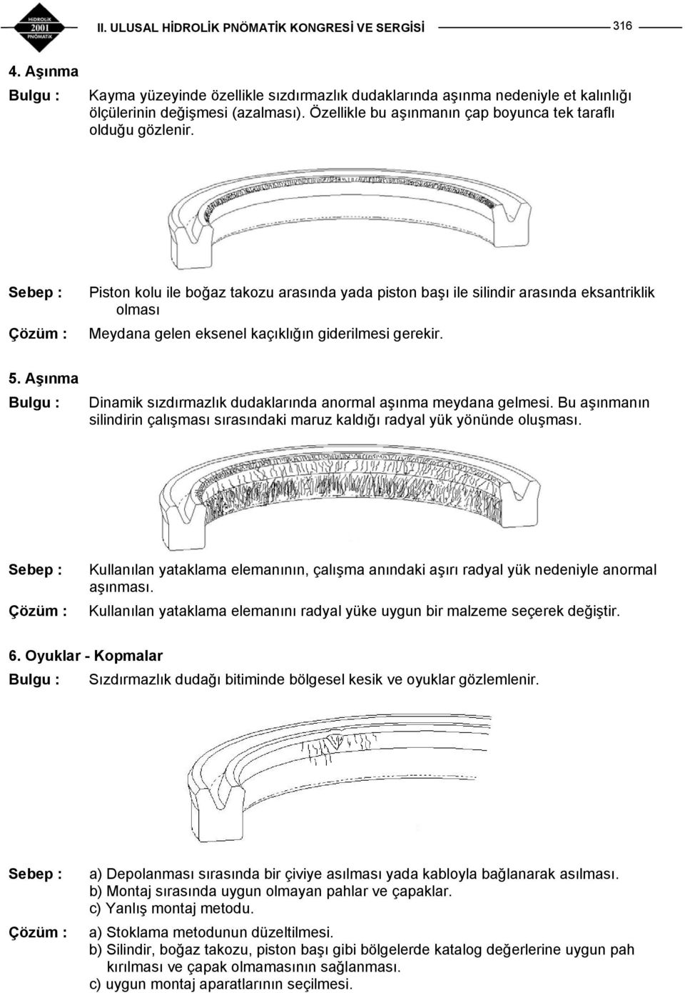 Aşınma Dinamik sızdırmazlık dudaklarında anormal aşınma meydana gelmesi. Bu aşınmanın silindirin çalışması sırasındaki maruz kaldığı radyal yük yönünde oluşması.