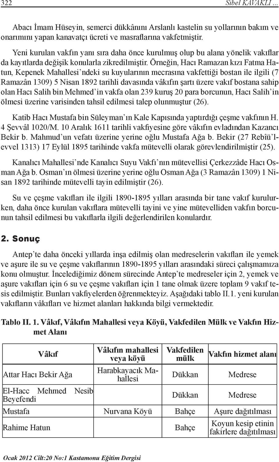 Örneğin, Hacı Ramazan kızı Fatma Hatun, Kepenek Mahallesi ndeki su kuyularının mecrasına vakfettiği bostan ile ilgili (7 Ramazân 1309) 5 Nisan 1892 tarihli davasında vâkıfın şartı üzere vakıf bostana