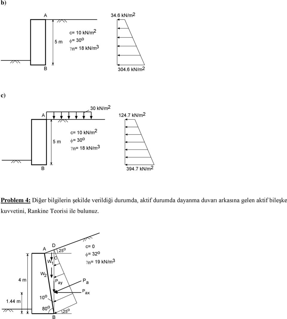 7 kn/m 2 Problem 4: iğer bilgilerin şekilde verildiği durumda, aktif durumda dayanma